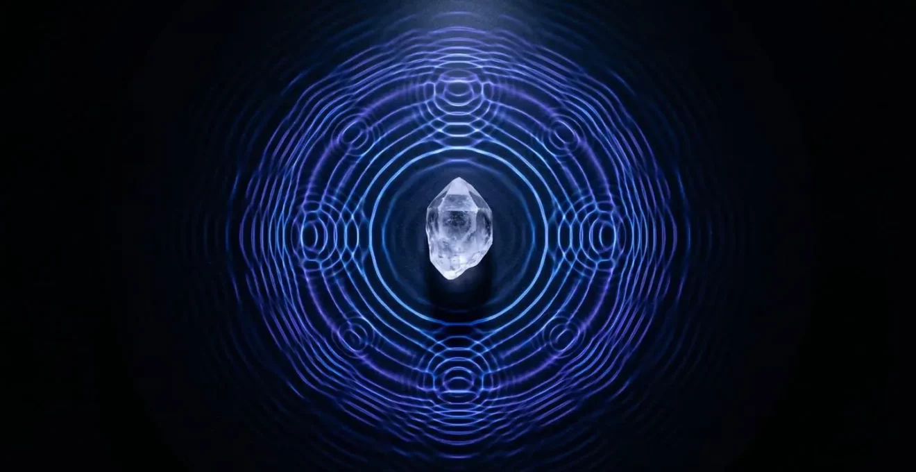 Cristal de quartz transparent sur fond noir avec visualisation d'ondes sonores concentriques bleues et violettes.