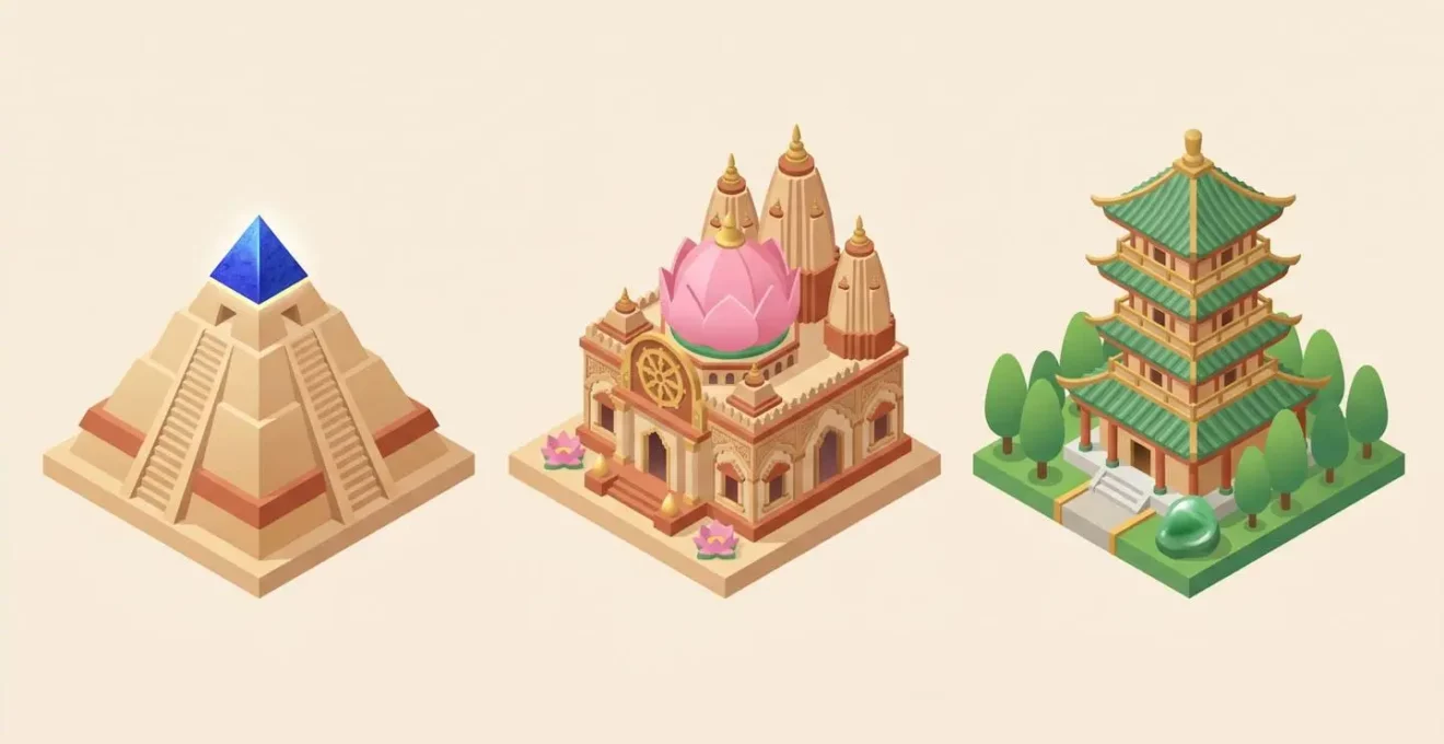 Illustration isométrique montrant trois symboles historiques : pyramide égyptienne avec lapis-lazuli, temple indien avec lotus et pagode chinoise avec jade.