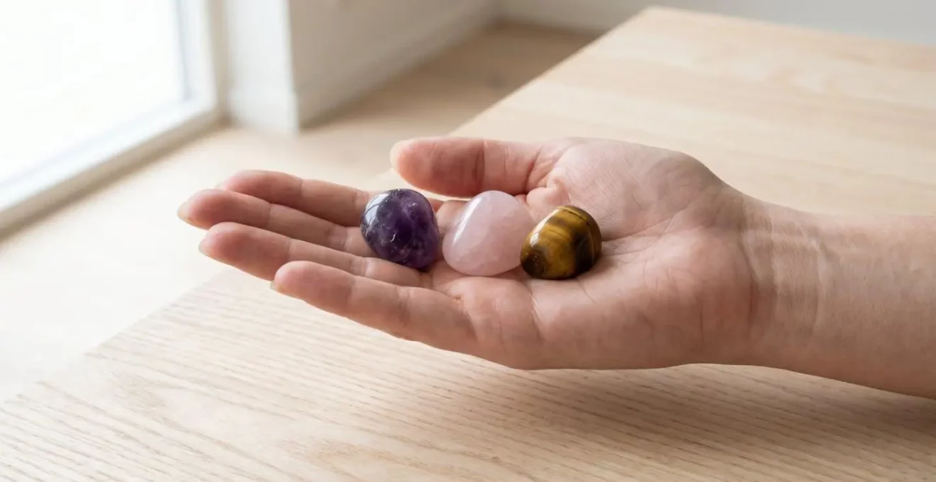 Main tenant trois pierres naturelles (améthyste, quartz rose, œil de tigre) sur fond de bois clair avec lumière naturelle douce.