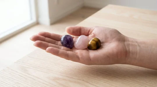 Main tenant trois pierres naturelles (améthyste, quartz rose, œil de tigre) sur fond de bois clair avec lumière naturelle douce.
