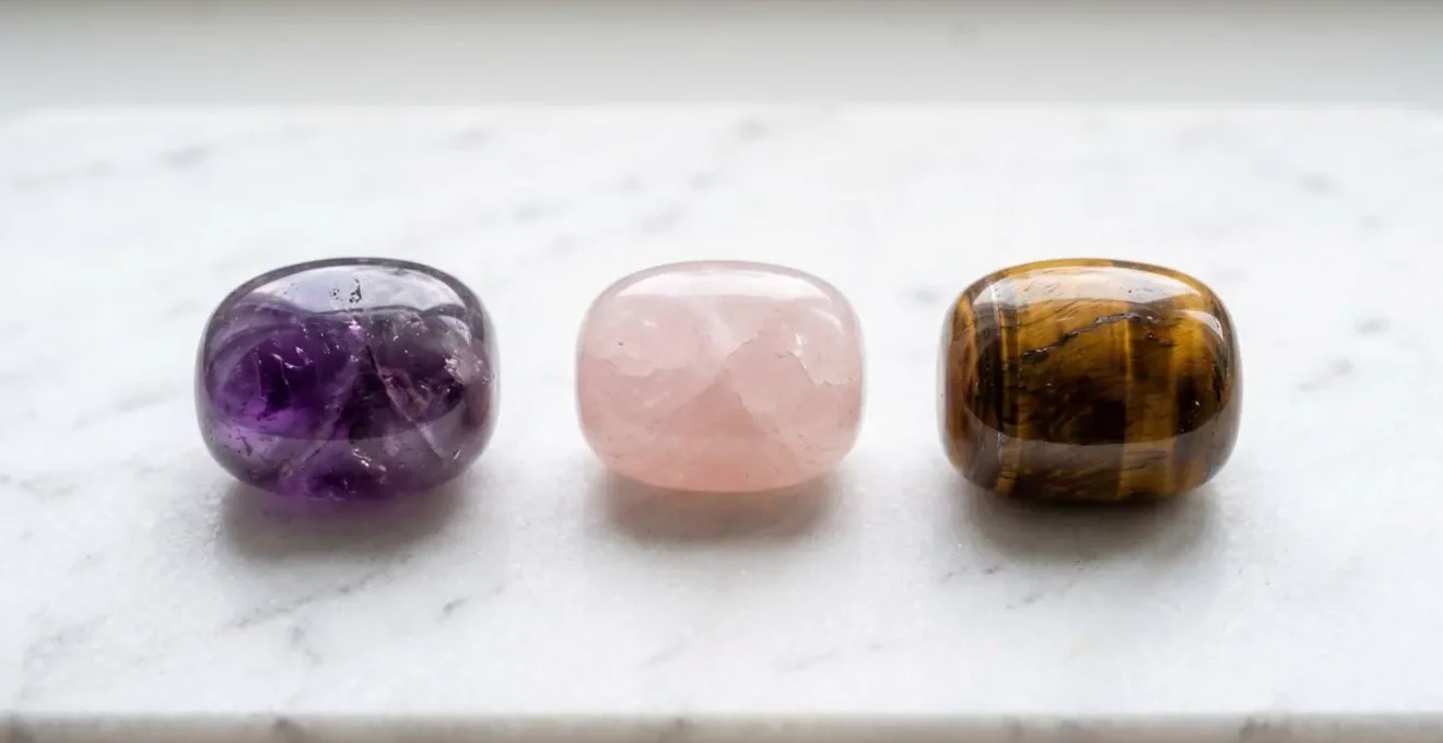 Trois pierres roulées alignées sur marbre blanc : améthyste violette, quartz rose et œil de tigre brun-doré.